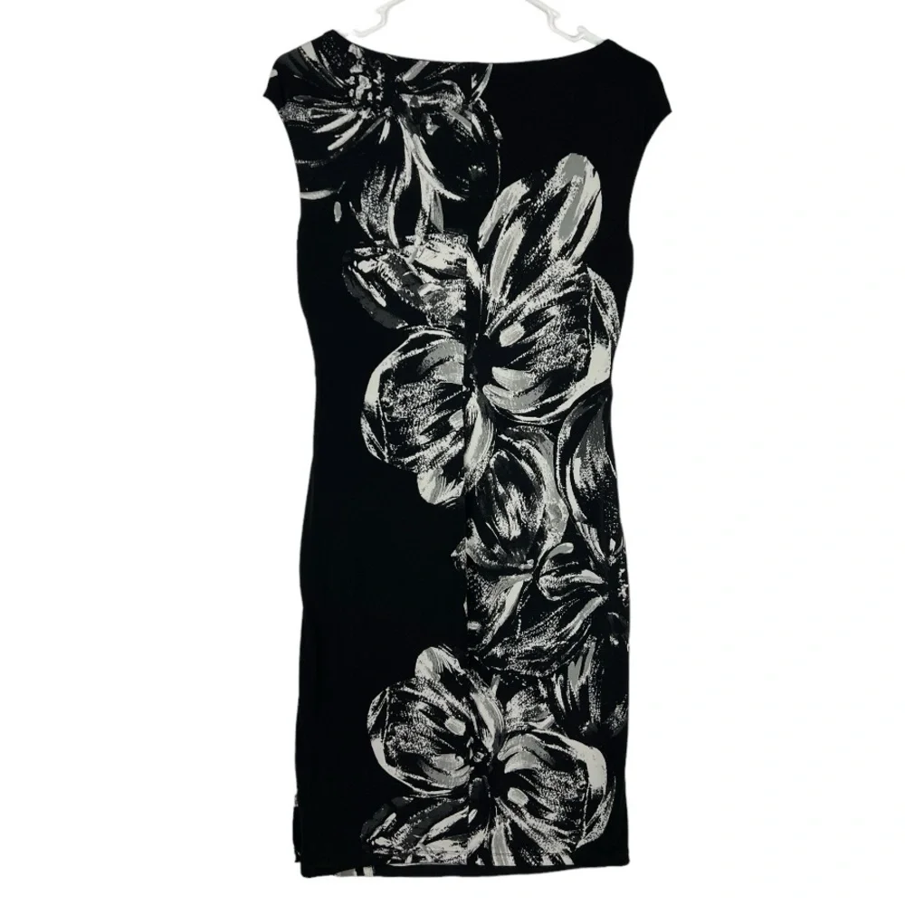 Lauren Ralph Lauren Boatneck Black & White Midi Floral Print Dress Sz: 10 - Picture 2 of 13